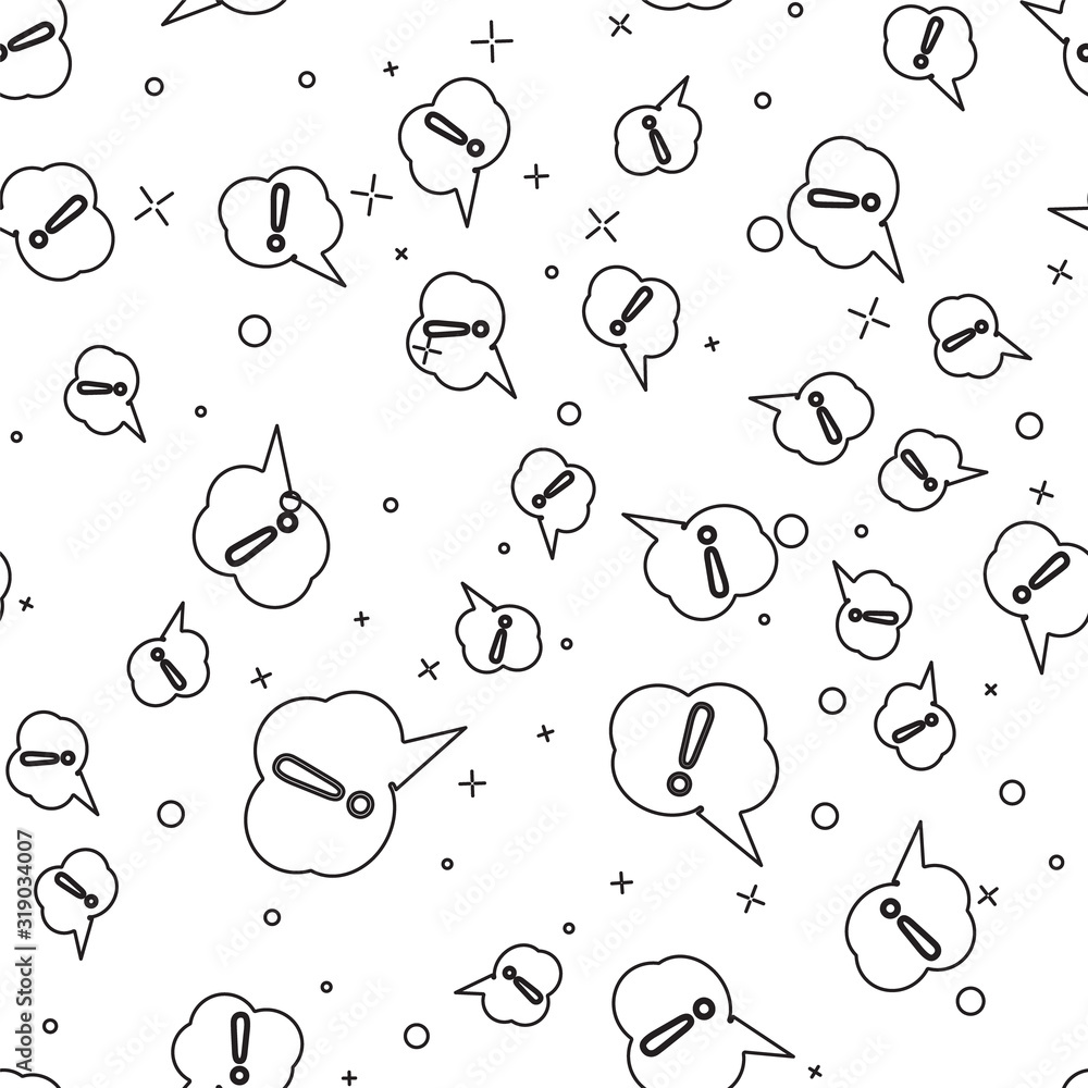Poster black line speech bubble and exclamation icon isolated seamless pattern on white background. faq sig