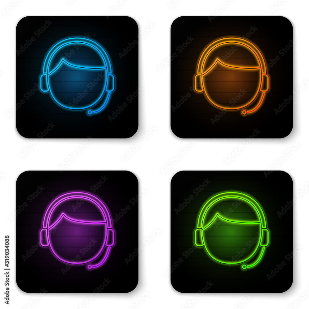 Poster glowing neon man with a headset icon isolated on white background. support operator in touch. concep