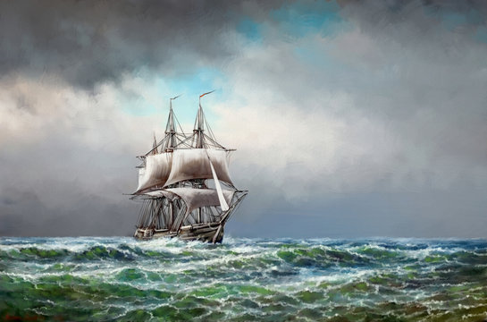 Paintings sea landscape. Fine art, old ship in the sea