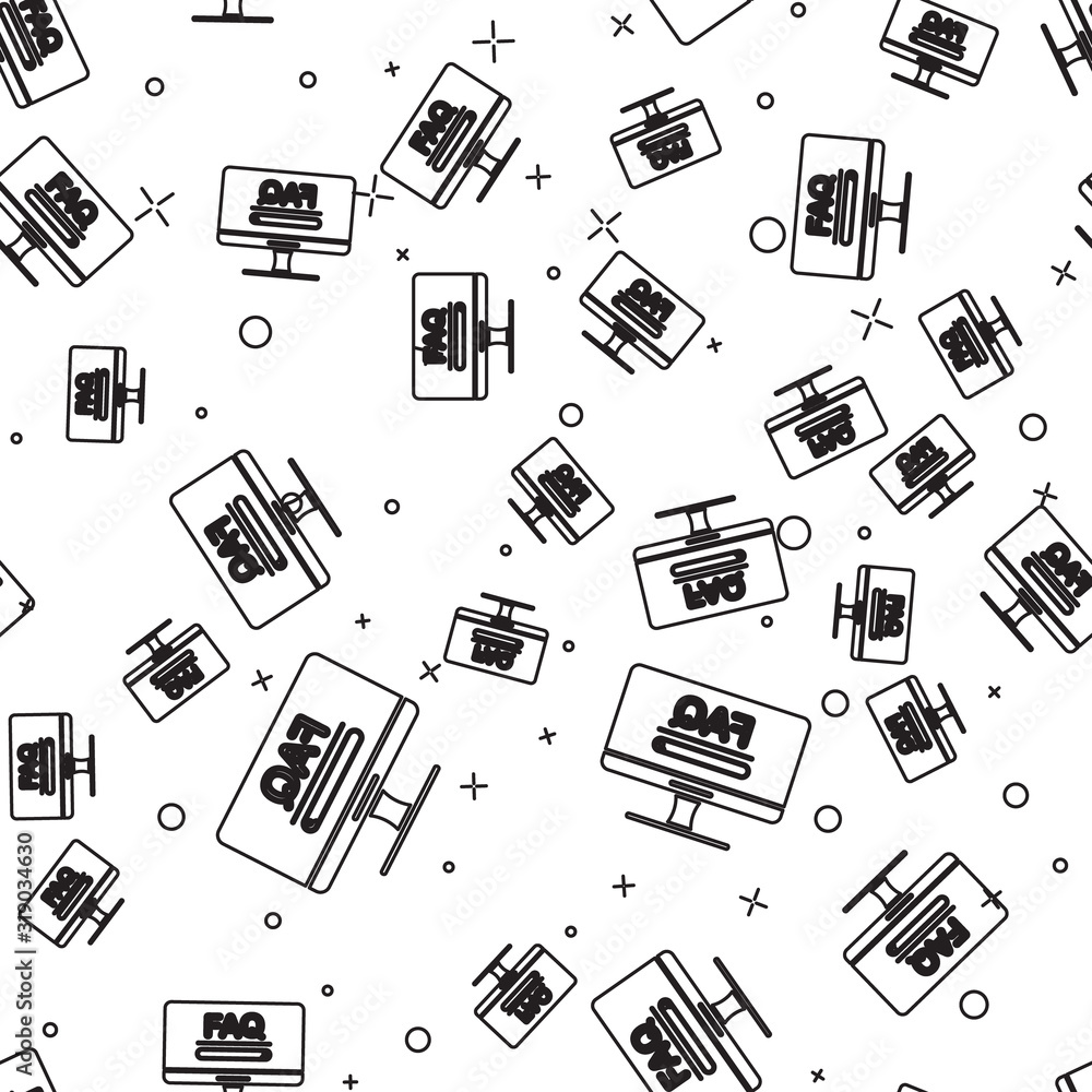 Poster black line computer monitor with text faq information icon isolated seamless pattern on white backgr