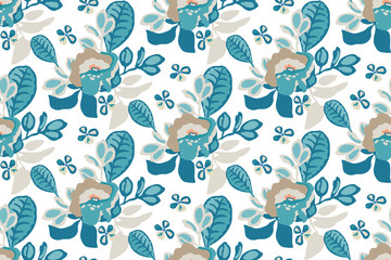 Art floral vector seamless pattern. Olive, beige, ivory, blue flowers, branches, leaves isolated on white background. Repeat pattern for wallpaper design, fabric, home and kitchen textile, paper.