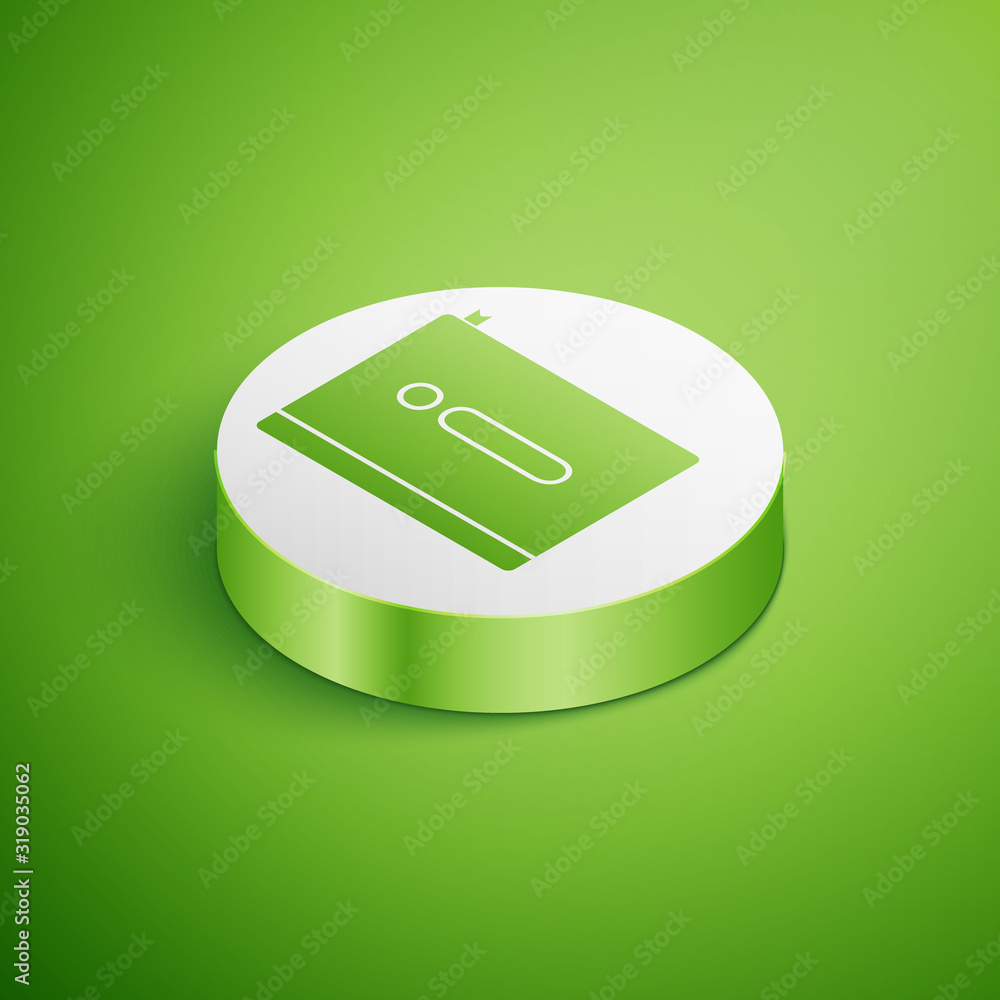 Poster isometric user manual icon isolated on green background. user guide book. instruction sign. read bef