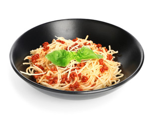 Plate with tasty pasta bolognese on white background