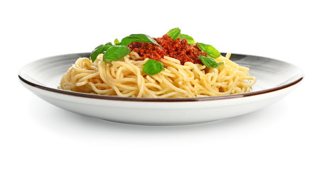 Plate with tasty pasta bolognese on white background