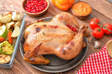 Tasty baked turkey for Thanksgiving day on table