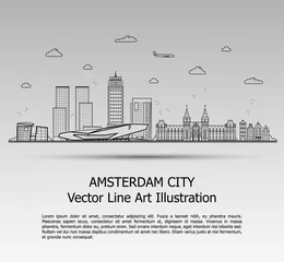 Fotobehang Line Art Vector Illustration of Modern Amsterdam City with Skyscrapers. Flat Line Graphic. Typographic Style Banner. The Most Famous Buildings Cityscape on Gray Background. © Anastasiia