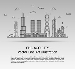 Line Art Vector Illustration of Modern Chicago City with Skyscrapers. Flat Line Graphic. Typographic Style Banner. The Most Famous Buildings Cityscape on Gray Background.