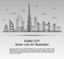Line Art Vector Illustration of Modern Dubai City with Skyscrapers. Flat Line Graphic. Typographic Style Banner. The Most Famous Buildings Cityscape on Gray Background.