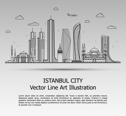 Line Art Vector Illustration of Modern Istanbul City with Skyscrapers. Flat Line Graphic. Typographic Style Banner. The Most Famous Buildings Cityscape on Gray Background.