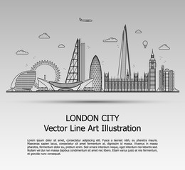 Line Art Vector Illustration of Modern London City with Skyscrapers. Flat Line Graphic. Typographic Style Banner. The Most Famous Buildings Cityscape on Gray Background.