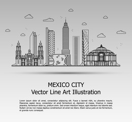 Line Art Vector Illustration of Modern Mexico City with Skyscrapers. Flat Line Graphic. Typographic Style Banner. The Most Famous Buildings Cityscape on Gray Background.