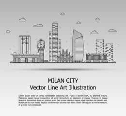 Line Art Vector Illustration of Modern Milan City with Skyscrapers. Flat Line Graphic. Typographic Style Banner. The Most Famous Buildings Cityscape on Gray Background.