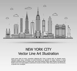 Line Art Vector Illustration of Modern New York City with Skyscrapers. Flat Line Graphic. Typographic Style Banner. The Most Famous Buildings Cityscape on Gray Background.