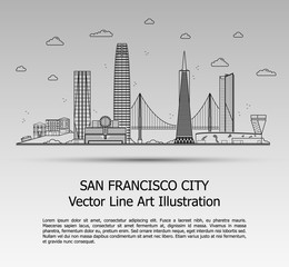 Line Art Vector Illustration of Modern San Francisco City with Skyscrapers. Flat Line Graphic. Typographic Style Banner. The Most Famous Buildings Cityscape on Gray Background.