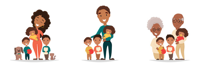 African american family groups on isolated white background. Mother with three kids, father with three children and grandparents with grandkids. Vector illustration for poster, greeting card, website