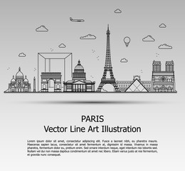Line Art Vector Illustration of Modern Paris City with Skyscrapers. Flat Line Graphic. Typographic Style Banner. The Most Famous Buildings Cityscape on Gray Background.