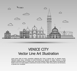 Line Art Vector Illustration of Modern Venice City with Skyscrapers. Flat Line Graphic. Typographic Style Banner. The Most Famous Buildings Cityscape on Gray Background.