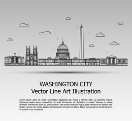 Line Art Vector Illustration of Modern Washington City with Skyscrapers. Flat Line Graphic. Typographic Style Banner. The Most Famous Buildings Cityscape on Gray Background.