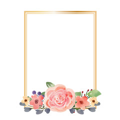 Rectangular golden vertical frame with watercolor floral arrangement underneath isolated on a white background. Watercolor floral arrangement for invitations and cards.