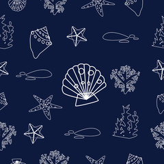 Vector drawing of seashells, starfish and algae. White line on a dark blue background. For backgrounds, logos, fabrics, wallpapers and design. Vector seamless pattern.