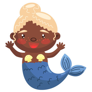 Vector illustration of a character, mermaid, little girl. A black-skinned mermaid with a blue tail and blond hair smiles and laughs. For greeting cards and design.