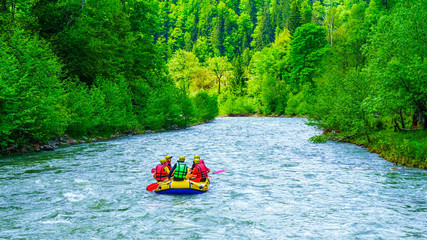 Rafting in the canyon of mountain river. Beautiful mountain river canyon - popular touristic...