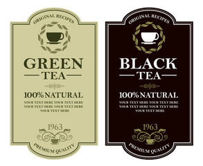 collection of green and black tea labels with leaves and cup