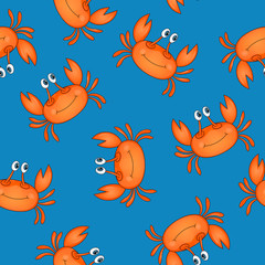 Seamless pattern with cute orange crab on blue background. Vector animals colorful illustration. Adorable character for cards, wallpaper, textile, fabric, kindergarten. Cartoon style.
