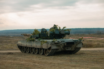 Battle tanks during demonstration performances at town