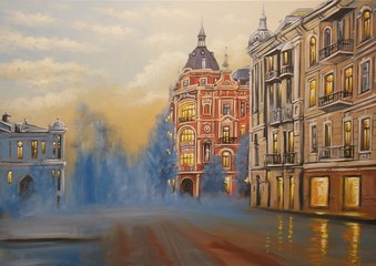 Naklejka premium Oil paintings landscape, old houses in city. Fine art