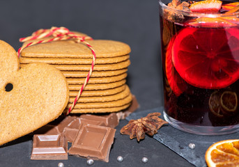 heart shaped cookies, chocolate and mulled wine