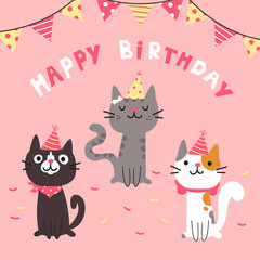 Set of different cartoon cats.Happy Birthday lettering.Lovely kittens sitting together.Hand drawn pets in festive caps.Greeting card.Vector flat cartoon illustration isolated on pink background.