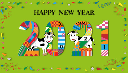 Cute cartoon Happy New Year, Happy Chinese new year greeting card with cow standing with 2021, Animal holidays character zodiac,Year of the ox