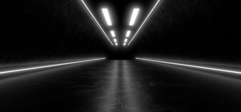 Beautiful composition of white neon lights on a black background. 3d rendering image.