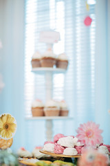 Candy bar with marshmallows and muffins decorated with flower patterns