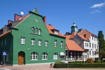 Kajki Square (former market square) and city hall visible in the background in Mragowo, Masuria,...