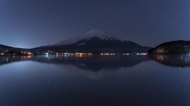 Mt Fuji night sky with stars and reflection at Lake Yamanakako