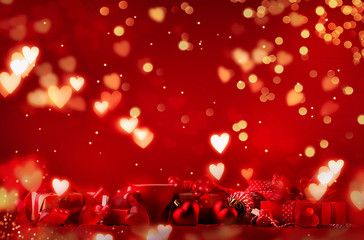 Valentine Day Red Background with red hearts, gifts and ribbons. Copy space