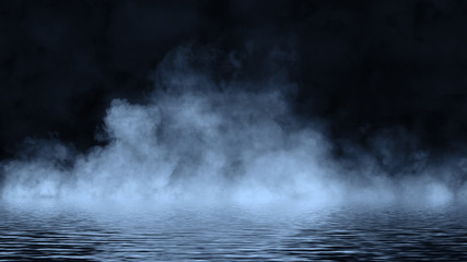 Explosion blue fog on isolated black background. Experiment chemistry smoke . The concept of aromatherapy. Stock illustration.