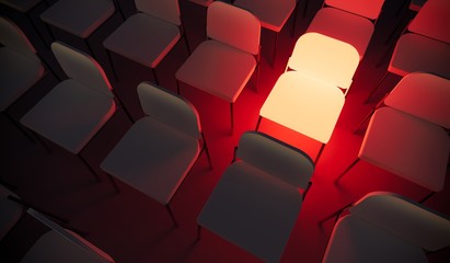 Fototapeta premium Concept or conceptual orange armchair standing out in a conference room as a metaphor for leadership, vision and strategy. A 3d illustration of individuality, creativity and achievement