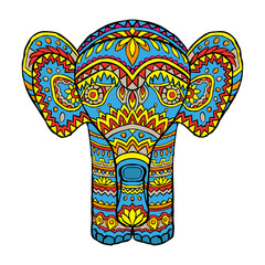 Obraz premium Bright colorful painted elephant. Front view. Vector hand drawing. Isolated object on a white background. Isolate.