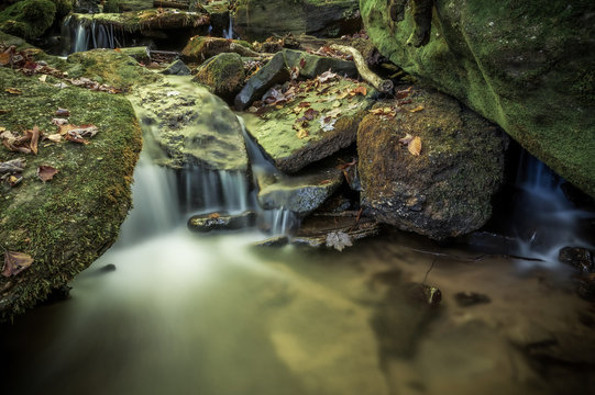 waterfall in forest with rocks and leaves