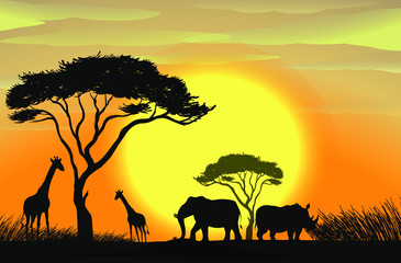 Fototapeta na wymiar Vector illustration of Africa landscape with wildlife and sunset background on TV screen . Safari theme.
