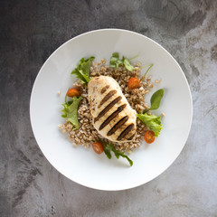 Grilled Chicken Breast with Wheatberry Salad on a Concrete Background
