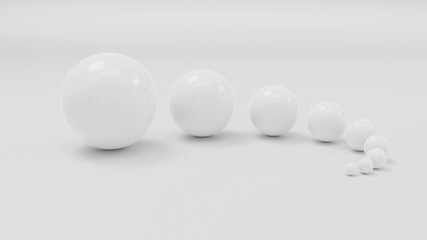 White spheres with glossy surface, on white matte background 3d illustration render