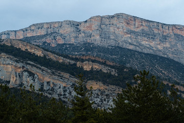 gran montaña otoñal en dia nublado con toques naranjas cubierta por bosque verde de pinos
