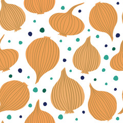 Hand drawn onion bulb vegetable wallpaper. Onion in doodle style seamless pattern on dots background.