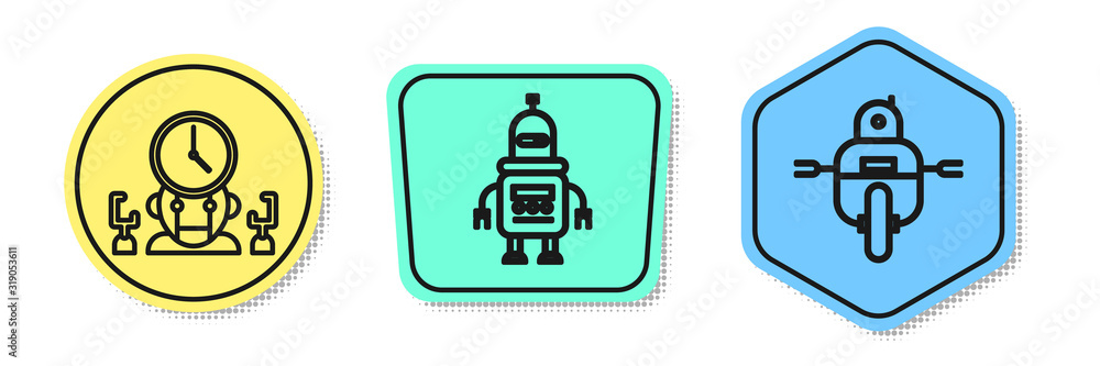 Poster Set line Robot and digital time manager, Robot and Robot. Colored shapes. Vector