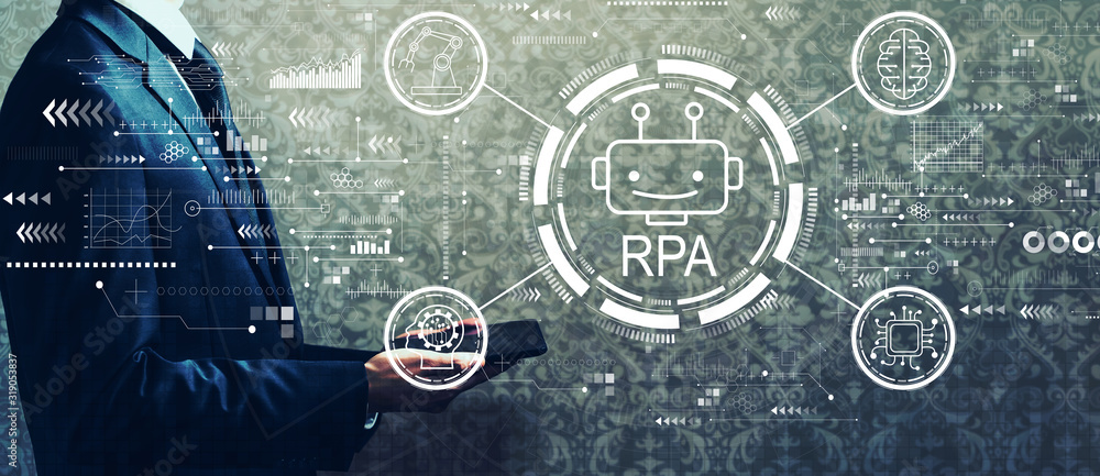 Aufkleber robotic process automation concept with businessman holding a tablet computer
