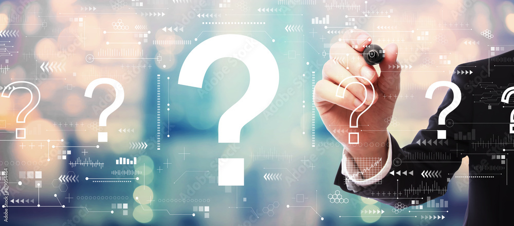 Poster question marks with businessman on blurred abstract background